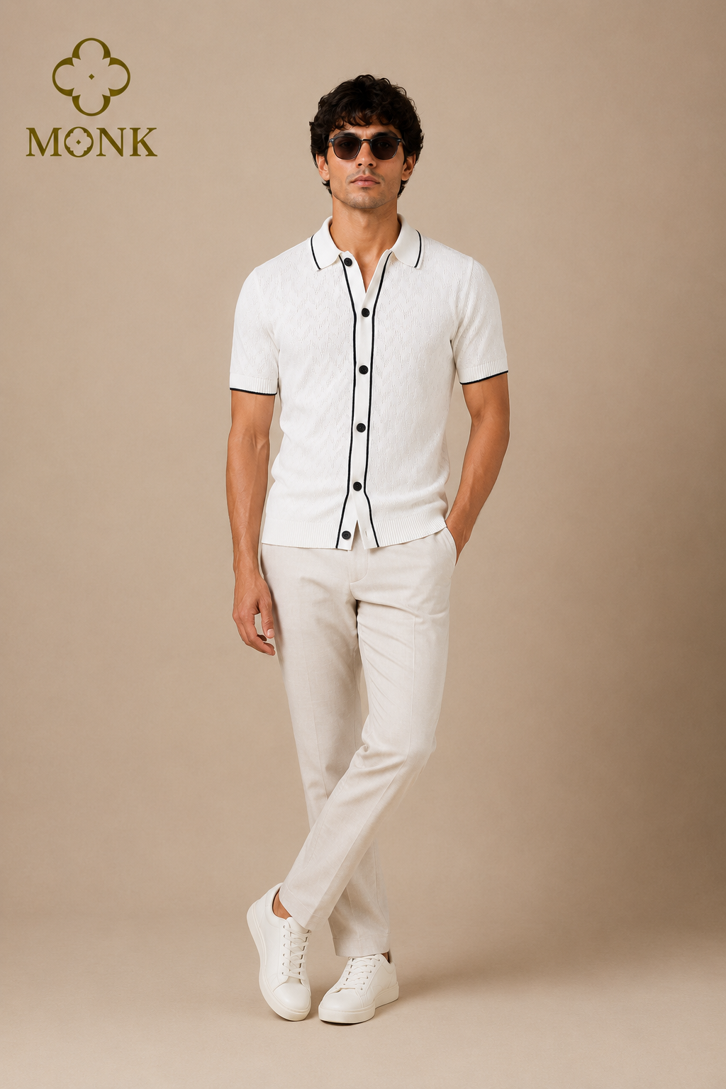 Ivory White with Black Tipping Half Sleeve T-Shirt