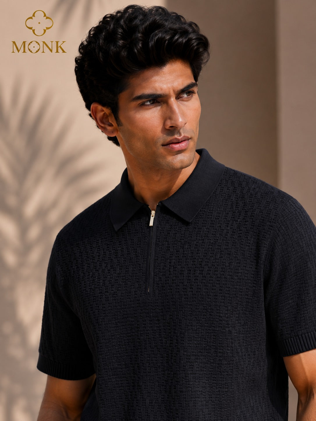 Charcoal Grey Textured Polo Half Sleeve T-Shirt