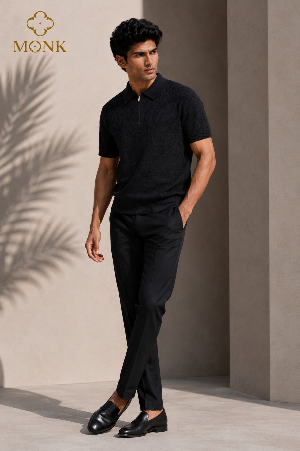 Charcoal Grey Textured Polo Half Sleeve T-Shirt